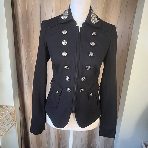INC Int'l Concepts Black Military Style Blazer with Sequined Collar, Size XS - Picture 1 of 14
